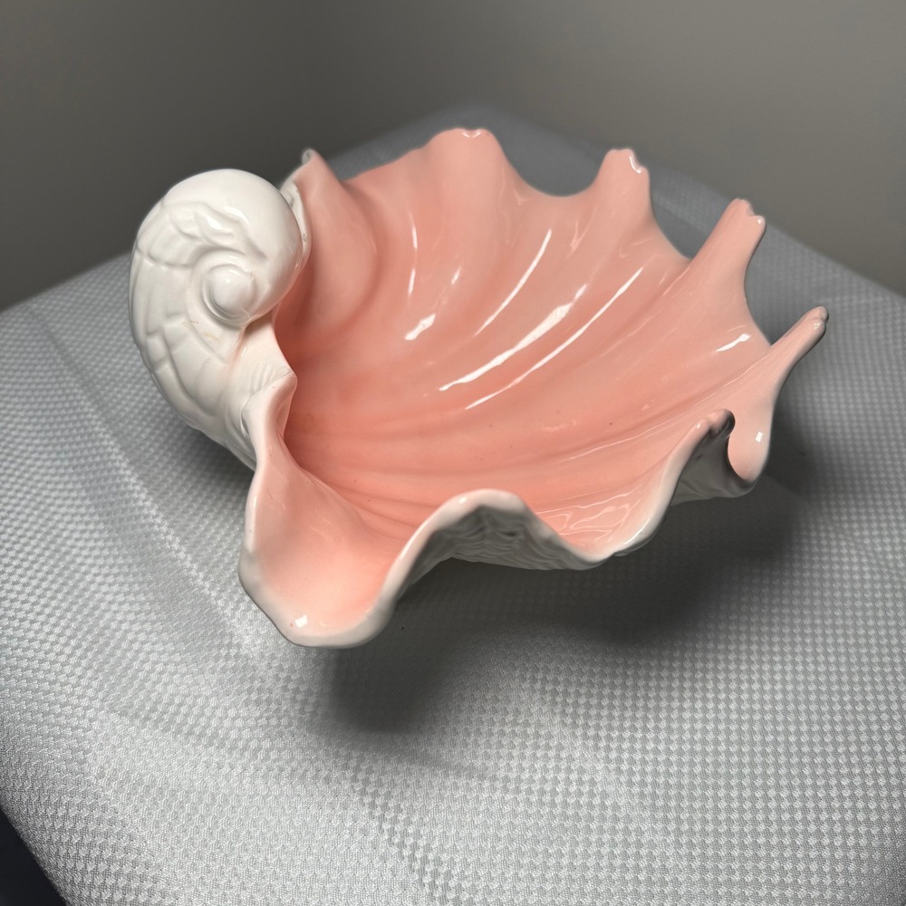 Fitz & Floyd Coquille Pink White Clam Shell Bowl Nautilus Handle 1976 Japan MCM